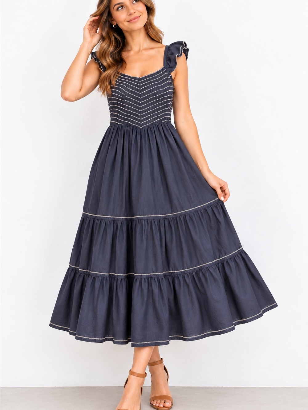 Charcoal Ruffle-Shoulder Tiered Maxi Dress